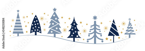 Collection of blue Christmas trees and golden Stars in different design - vector illustration