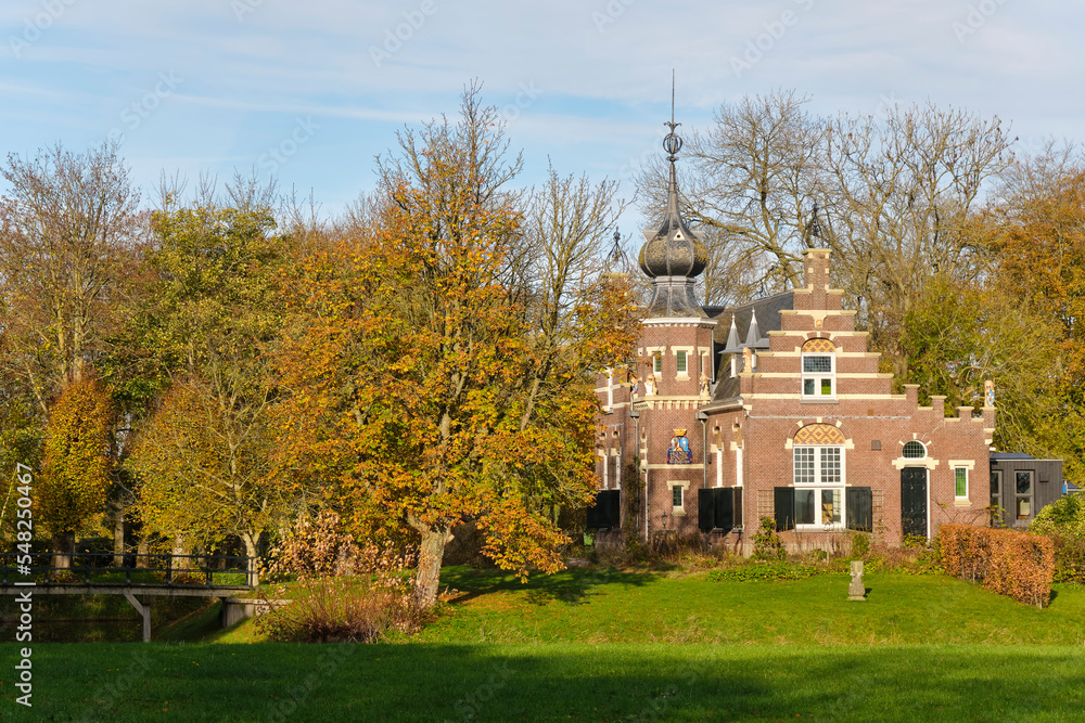 View on Martenastate on the Martenastate estate in the Frisian village of Koarnjum or Cornjum. inhabited since the 15th century by several noble families.	
