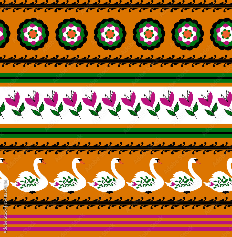 Naklejka premium Abstract Hand Drawing Ethnic Swans Tulips Circles and Ornamental Borders Seamless Vector Pattern Isolated Background