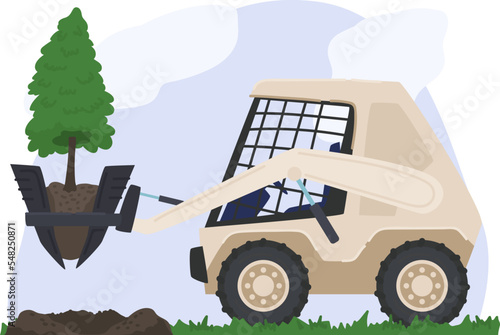 Agricultural machinery excavate tree bush from harvest field isolated on white, flat vector illustration. Farming equipment technique.