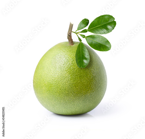 Pomelo fruit with green leaf on branch tree isolated on white background