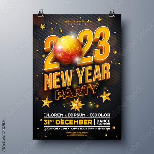 New Year Party Celebration Poster Template Design with 3d 2023 Number and Shiny Disco Ball on Black Background. Vector Holiday Premium Illustration for Invitation, Flyer or Promo Banner.