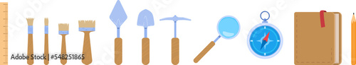 Archaeologists excavation tool set icon isolated on white flat vector illustration. Stuff for archaeological research, scientific historical work.