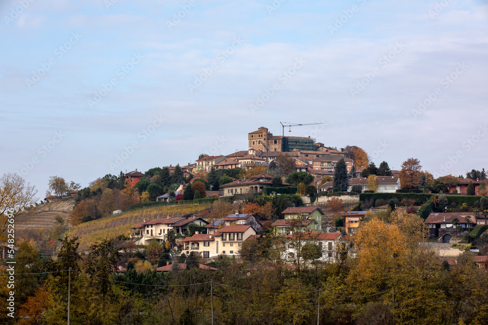 Roddi (CN), Italy - November 19, 2022: Roddi village and landscape, Vezza d' Alba, Cuneo, Piedmont, Italy.