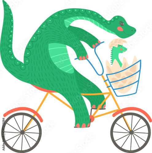Pretty, cartoon dinosaur ride transport, useful cycling, comfortable vehicle, flat style vector illustration, isolated on white.