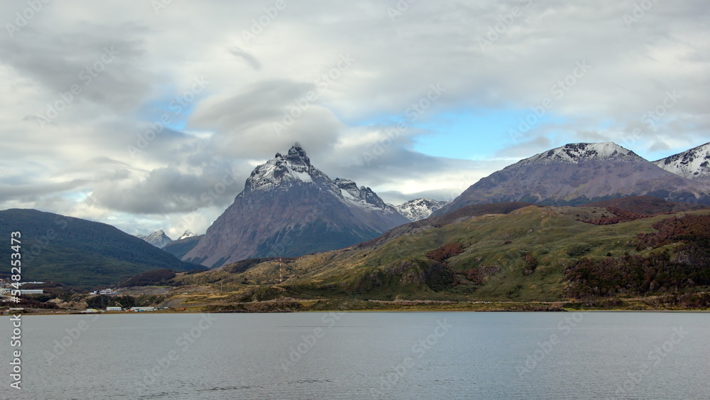 The snow capped Martial Mountains and the the Beagle Channel, near Ushuaia, Argentina