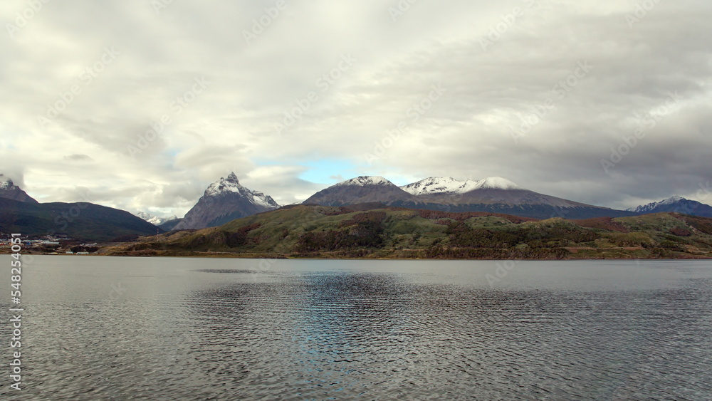 The snow capped Martial Mountains seen from the Beagle Channel, near Ushuaia, Argentina