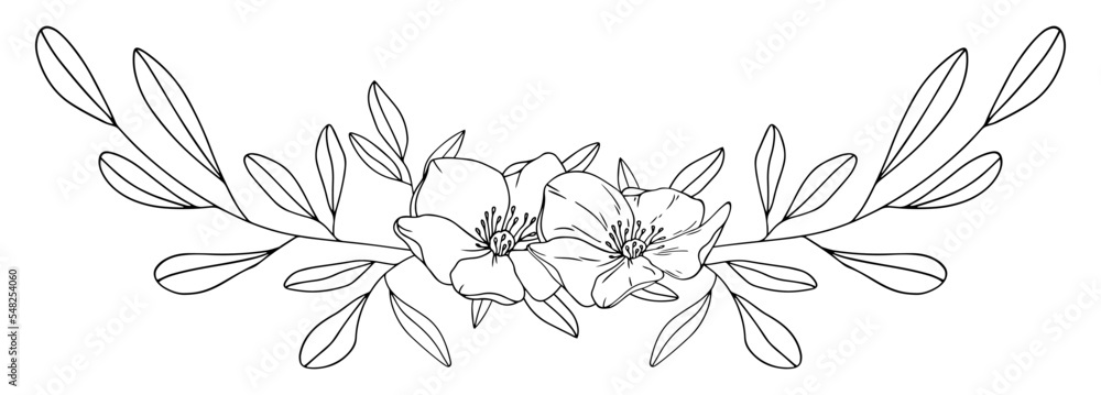 Botanical decoration line art with monochrome leaves and flowers