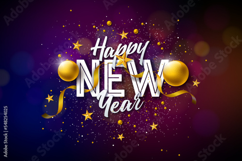 2023 Happy New Year Illustration with Typography Lettering and Gold Christmas Ball on Shiny Background. Vector Holiday Celebration Design for Flyer, Greeting Card, Banner, Poster, Party Invitation or