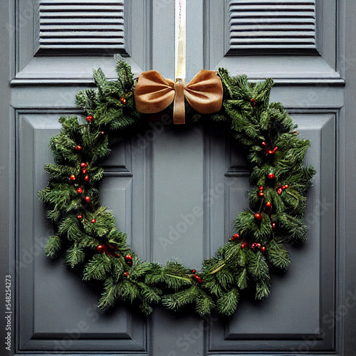 Christmas wreath on wooden entrance door.