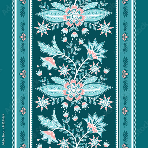 Flower chintz indian pattern seamless vector border print. Botanical batik paisley background.