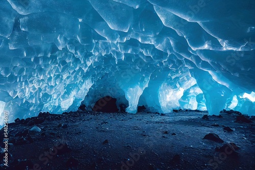 Beautiful ice cave with burrow and icicle crystals on ceiling