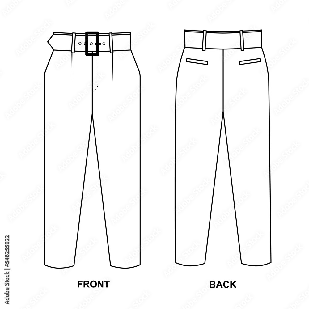 Vector drawing of classic trousers with a belt with a buckle and pockets.  Template for pants design. Stock Vector | Adobe Stock