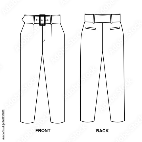 Vector drawing of classic trousers with a belt with a buckle and pockets. Template for pants design.