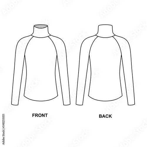 Technical vector drawing of a turtleneck sweater with raglan sleeve. Turtleneck template for design