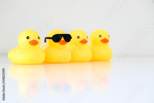 Fotografi Four yellow rubber ducks in a row, one standing our wearing black sunglasses