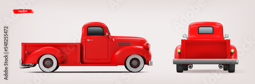 Vintage red car isolated. Realistic vector illustration. View of the car from the back and side