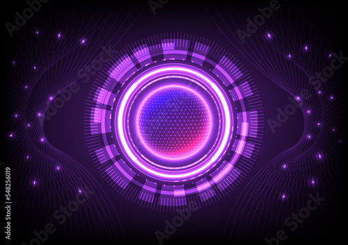 Hi tech black background there is a glowing world In the middle there is a tech circle, on the outside there is a curved net. There is a bright spot on the line. purple gradient background