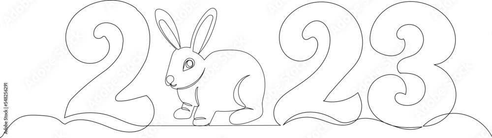 Fototapeta premium 2023 and rabbit sketch, continuous line drawing, vector sketch