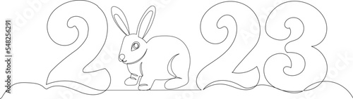 2023 and rabbit sketch, continuous line drawing, vector sketch