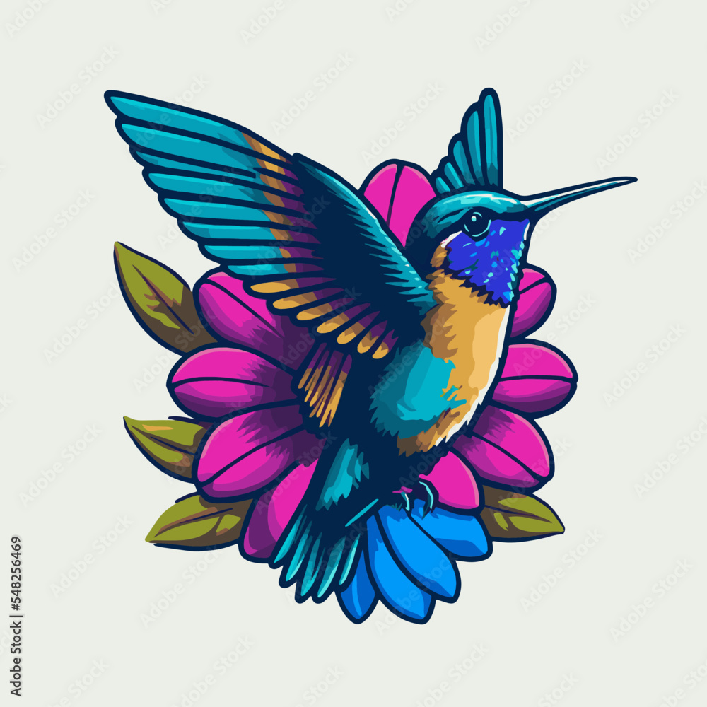 Fototapeta premium Colorful Hummingbird Flying Over the Flower Logo Illustration Mascot
