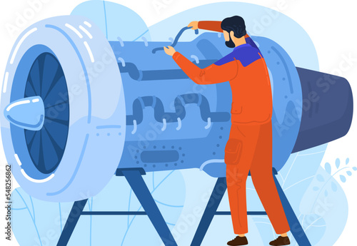 Engineer aircraft engine builder, male character engineering work modern airplane technology isolated on white, flat vector illustration.