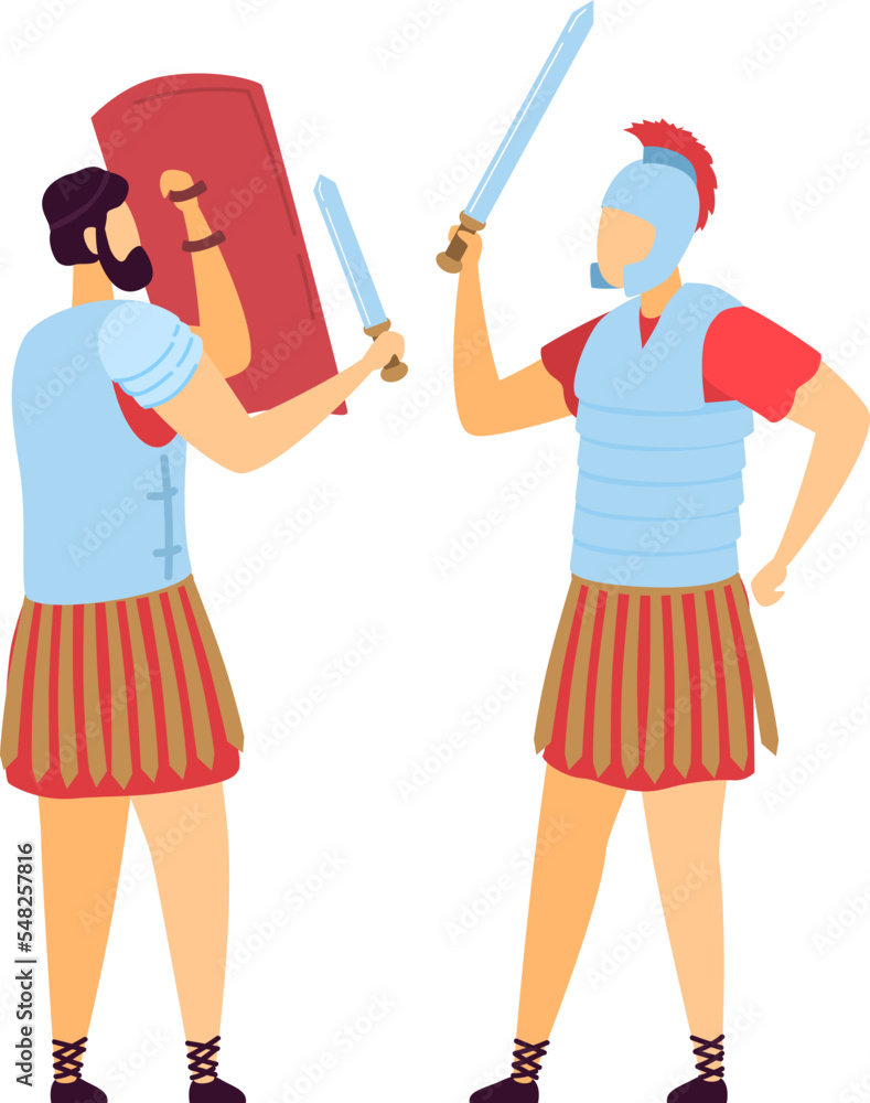 Greek roman male character warrior, ancient soldier attack sword defender with shield, old time fighter isolated on white, flat vector illustration. Greek roman male character warrior, ancient soldier attack sword defender with shield, old time fighter isolated on white, flat vector illustration.