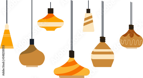 Lamp chandelier icon set, design concept hinged glow fixture device isolated on white, flat vector illustration. Different lantern lighting equipment.