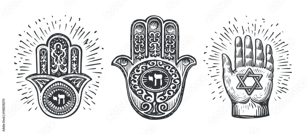 Set of Jewish Hamsa amulet or talisman, hand Miriam, hand with star of David and inscription in Hebrew of word Life Set of Jewish Hamsa amulet or talisman, hand Miriam, hand with star of David and inscription in Hebrew of word Life