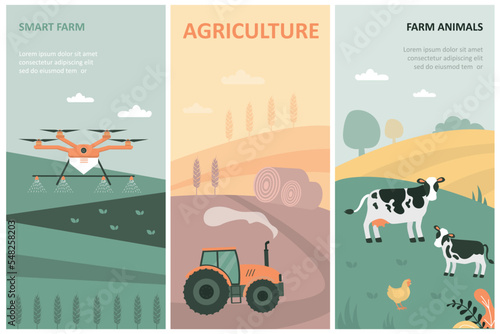 Set with agriculture, farm animals, smart farming. Vertical banners - spraying irrigation drone, tractor on field, poultry and cows, agribusiness and technology.