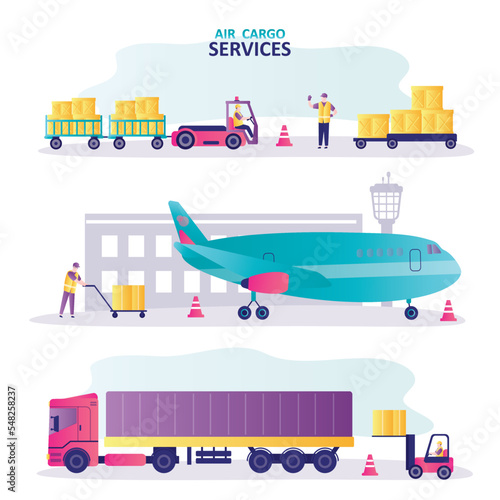 Air and truck cargo services and freight, big airplane and semi truck with autoloader. Forklift for loading of goods, boxes into transport. Set of global transportation, logistic.