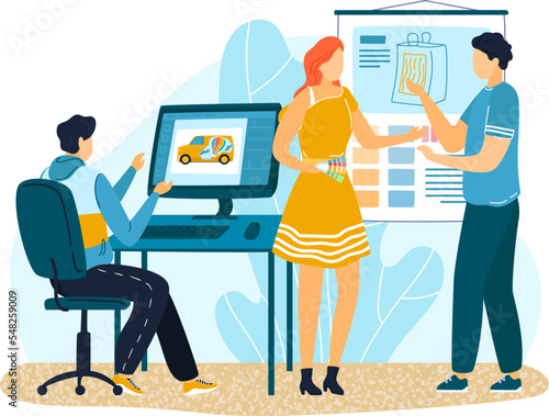 Office design paint press agency, female male character discuss working question isolated on white, flat vector illustration.