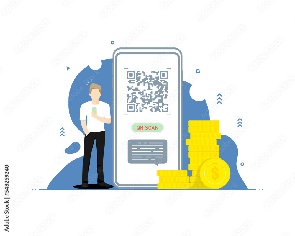 Payment online scan concept, Human holding smartphone with coins pile, Digital marketing illustration. Payment online scan concept, Human holding smartphone with coins pile, Digital marketing illustration.