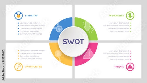 SWOT analysis template for strategic company planning. Four colorful elements with space for text inside. Modern Infographic design template. Vector illustration.