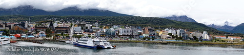 Panorama of the harbor and city of Ushuaia, Argentina, seen from a ship on the Beagle Channel