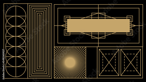 Gold art deco panels on dark black background. Vintage antique palette art deco wallpaper pattern vector