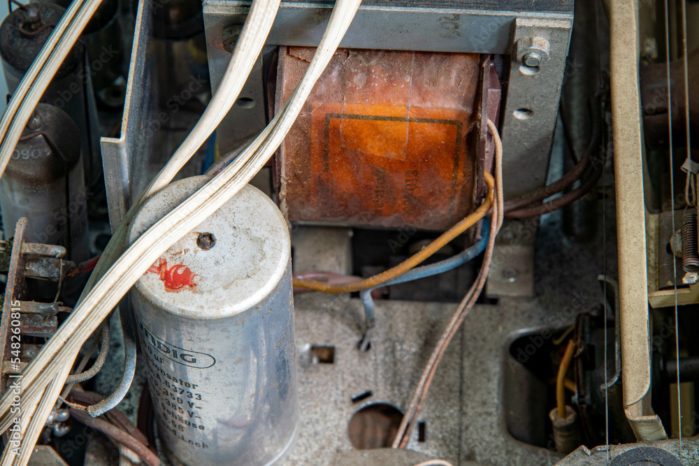 Very old capacitors in a vintage radio Stock Photo Adobe Stock