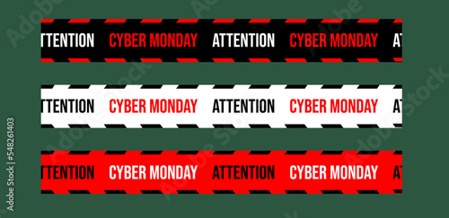 Cyber monday big sale stripes set. Warning tapes set for awareness zone sign, marketing advertising, discounts area, decoration element for banners, posters. Vector illustaration