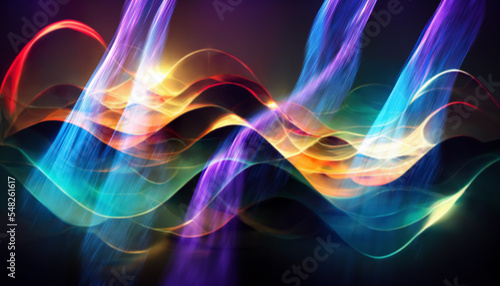 Light flare. Defocused glow. LED beam. Blur neon orange blue purple red color radiance leak wave motion on dark collage abstract background.