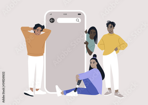 A group of young diverse characters gathered around a mobile phone template, copy space concept, your text here