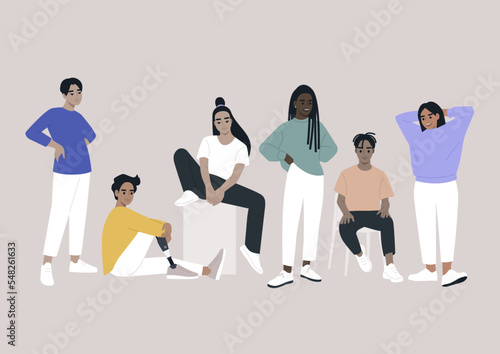 A group of young diverse characters gathered together, casual attire and candid poses