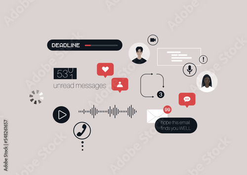 A cloud of pop up online notifications, messages, calls, emails, social media reactions, and other digital activities