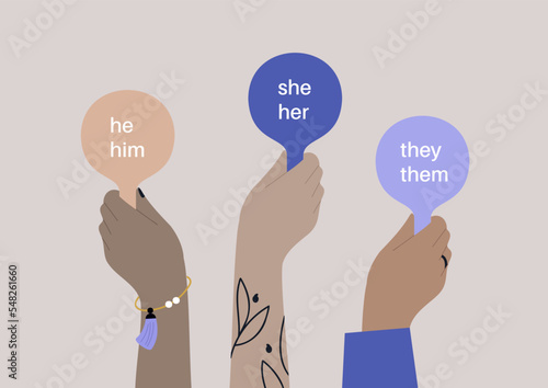 Hands holding pads with pronoun variations, gender equality, pride month