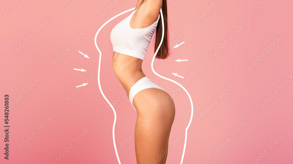 Body Shaping. Side view of slim female with perfect figure in underwear - obrazy, fototapety, plakaty 
