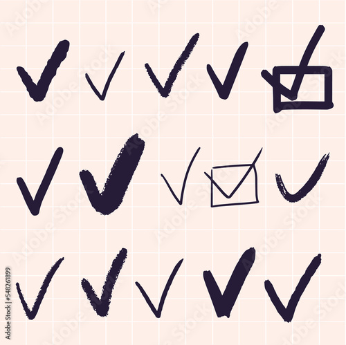 Vector checkmarks drawn by hand. Drawn in a checkered notebook.