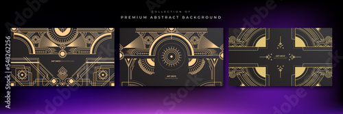 Gradient art deco background with black and golden line. Flat gold line pattern design art deco background