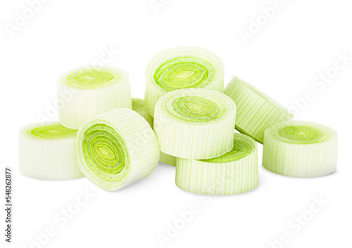sliced leek on a white isolated background, front view photo