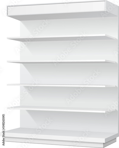 Mockup Long Blank Empty Showcase Display With Retail Shelves. Perspective View 3D. Illustration Isolated On White Background. Mock Up Template Ready For Your Design. Product Advertising. Vector EPS10