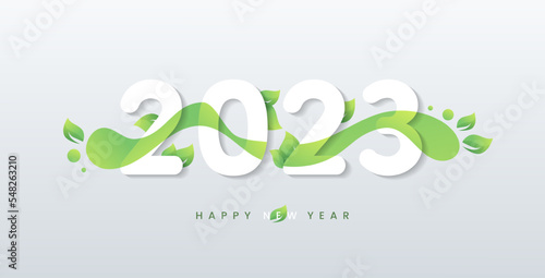 Happy 2023 new year with natural green leaves banner. Greetings and invitations, New year Christmas friendly themed congratulations, cards and natural background. Vector illustration