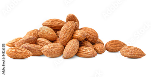 Print op canvas heap of peeled almonds on a white isolated background